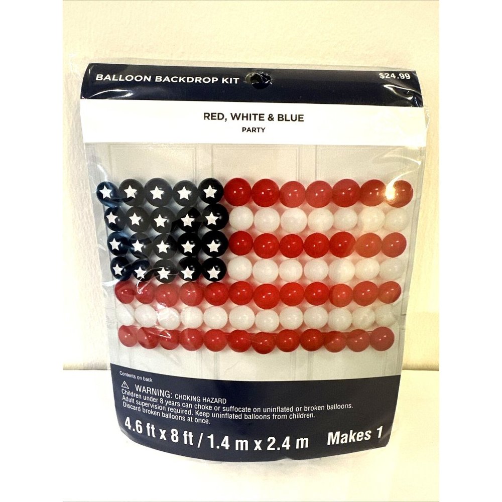 BALLOON BACKDROP KIT 120pc RED WHITE & BLUE PARTY 8 ft JULY 4th INDEPENDENCE DAY